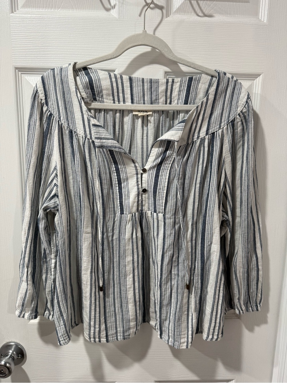 A.N.A Striped Blue and White Peasant Blouse with Button Placket